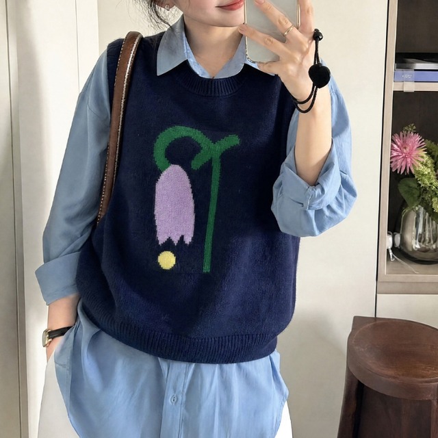 retro bellflower knit vest【3color】  e2106