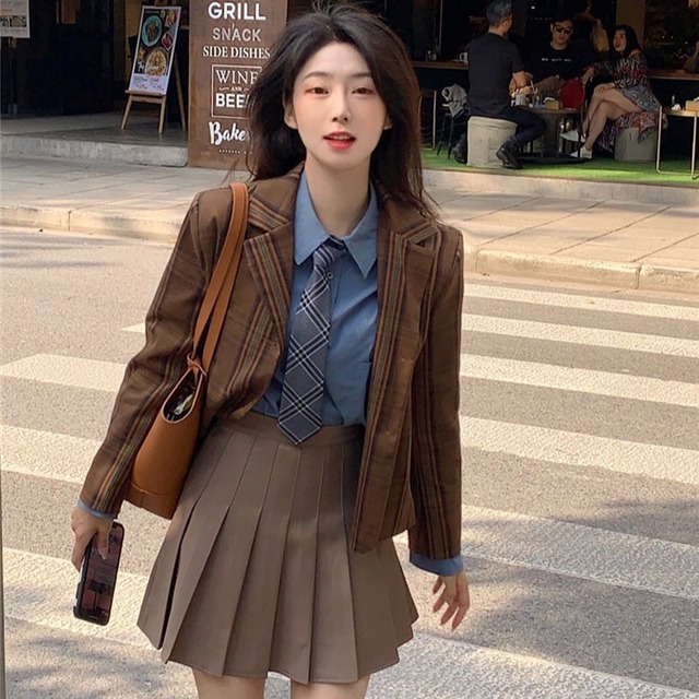 オータムスタイルゴールドバックルブルーシャツ ハイウェストプリーツスカート レディース 秋物 YY-ファッション55002450365