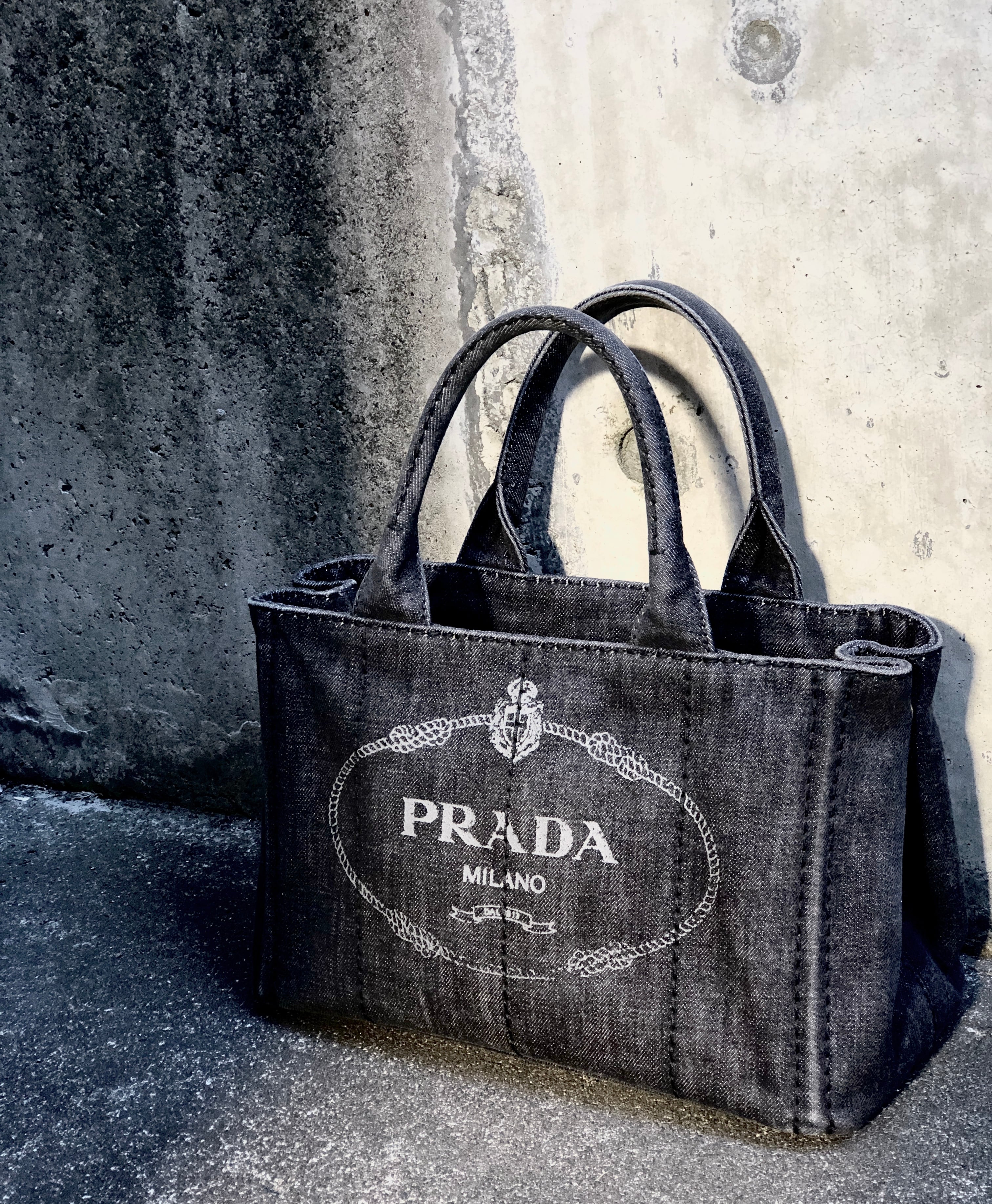 PRADA プラダ カナパ CANAPA 1BG439 ロゴ デニム ハンドバッグ グレー ...