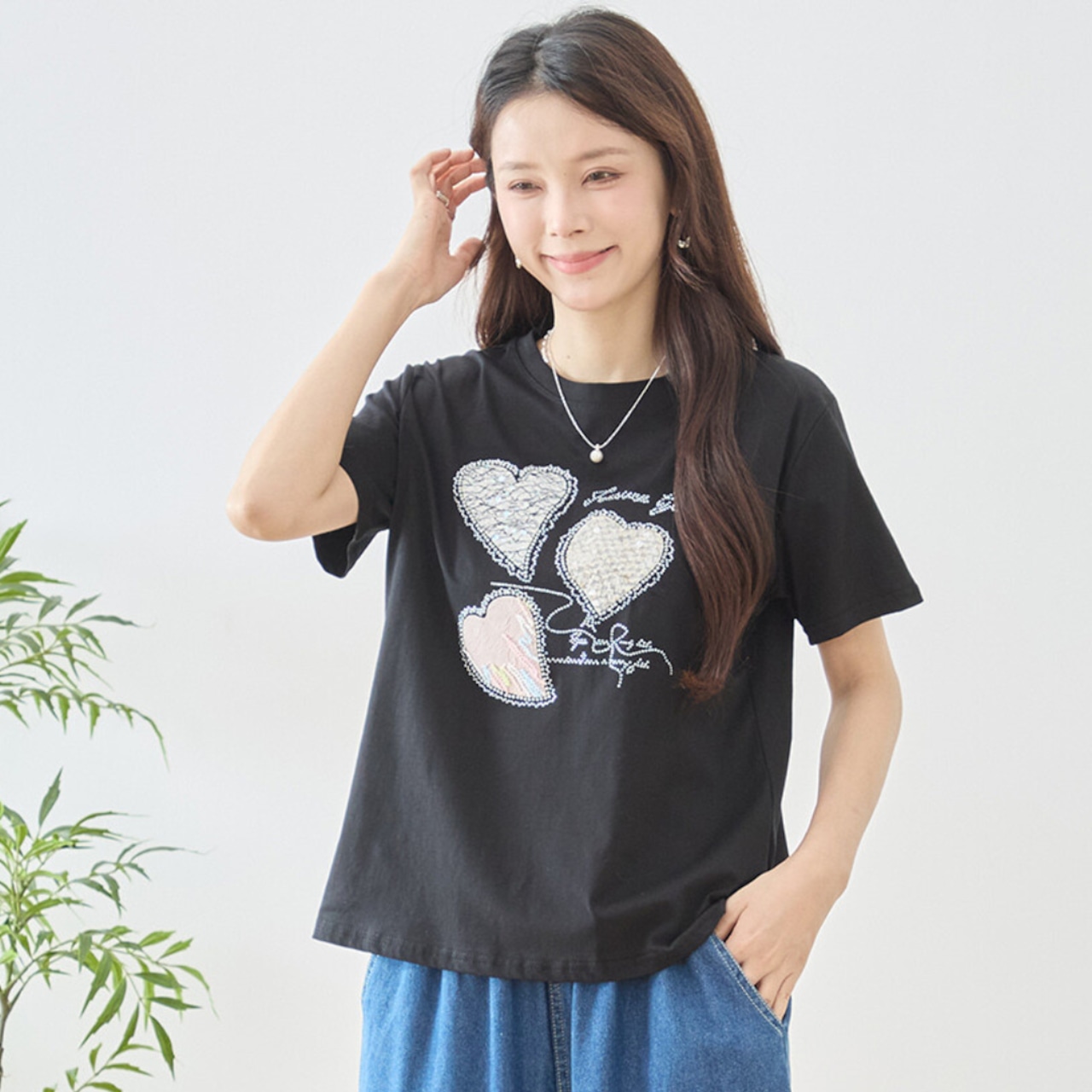 TRUBE レースハートラインストーンスパンコールデコTシャツ【M~L】ブラック