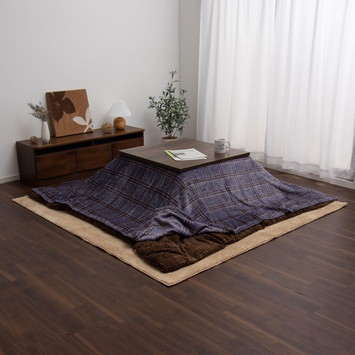 【努力特価】イケヒコ こたつ布団 上掛け カリス 約195×195cm ネイビー カジュアル チェック柄 撥水 洗える #5576149