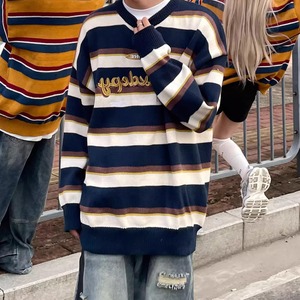 American vintage-style color-blocked striped crew-neck sweater (FD016)