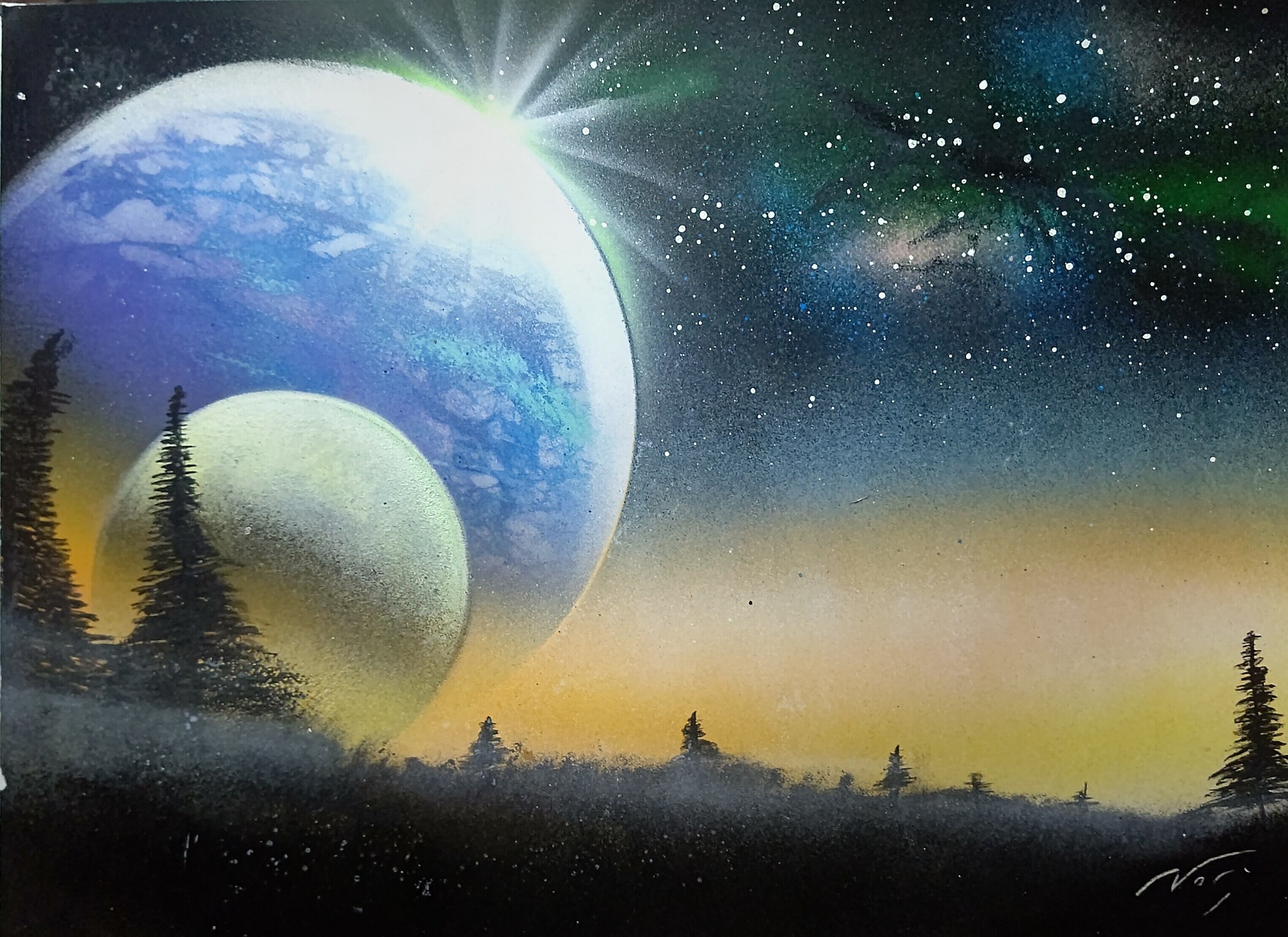 油絵・原画・フレーム付き・星空・絵画・アート・空・宇宙・天の川