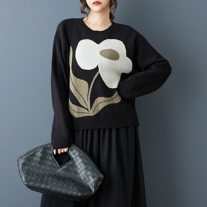 FLORAL RELAXED CREW NECK LONG SLEEVE SWEATER M-18474