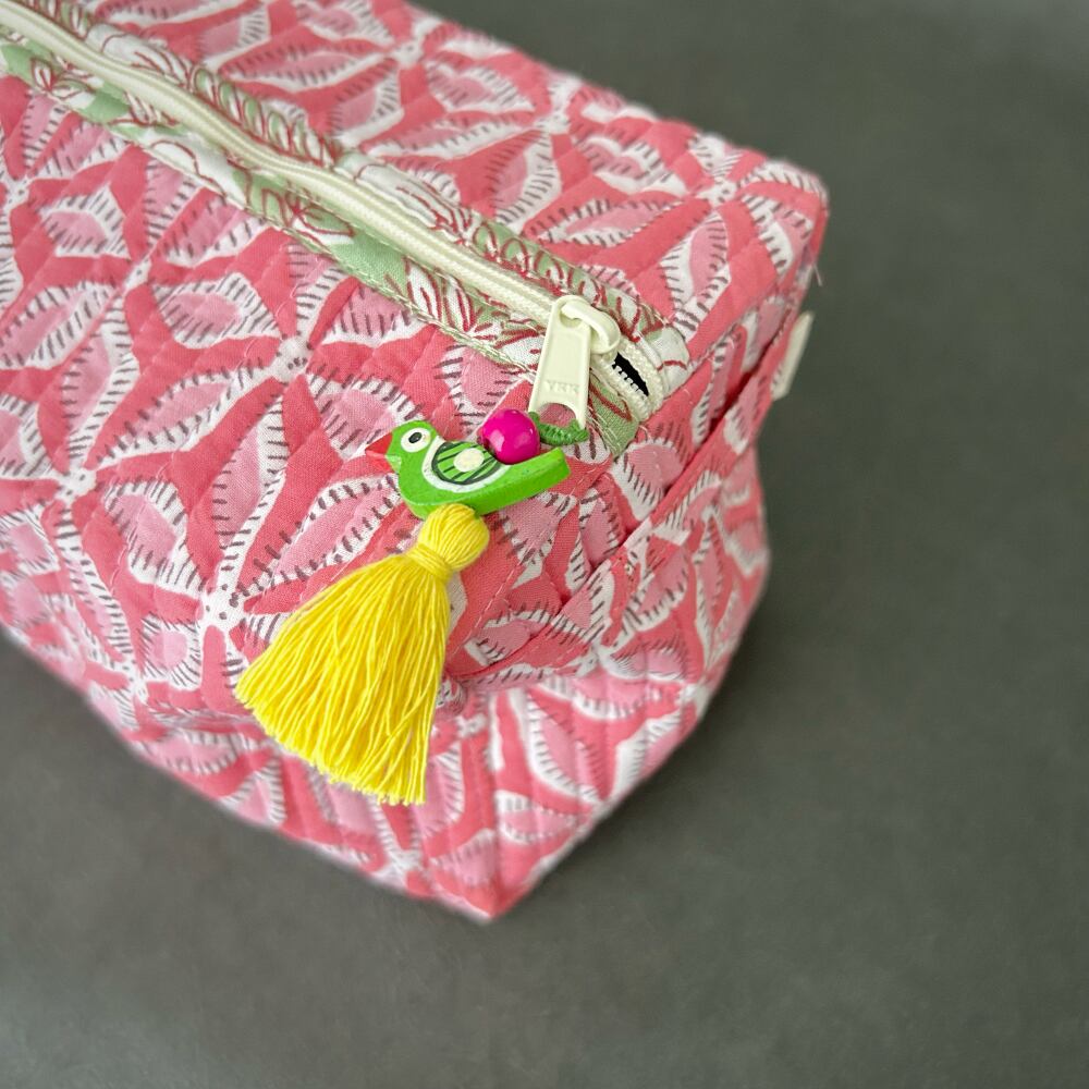 ブロックプリント トラベルポーチ L ピンク | アジアの手仕事雑貨cocowa