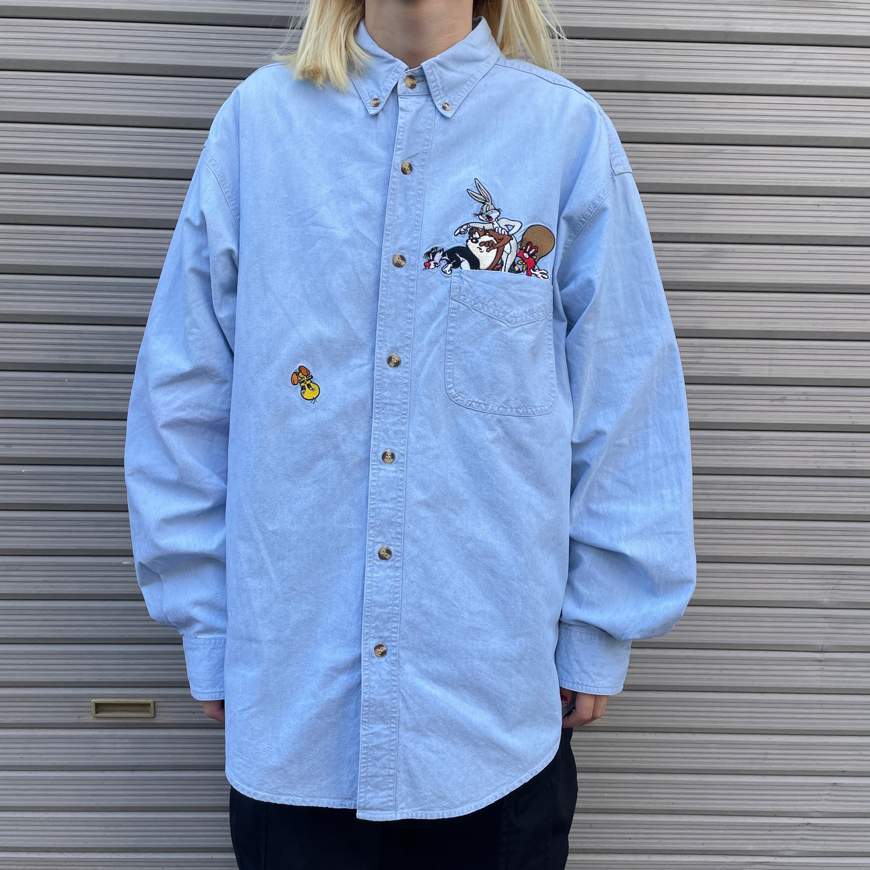 90年代 ルーニーテューンズ キャラクター刺繍 デニムシャツ メンズL