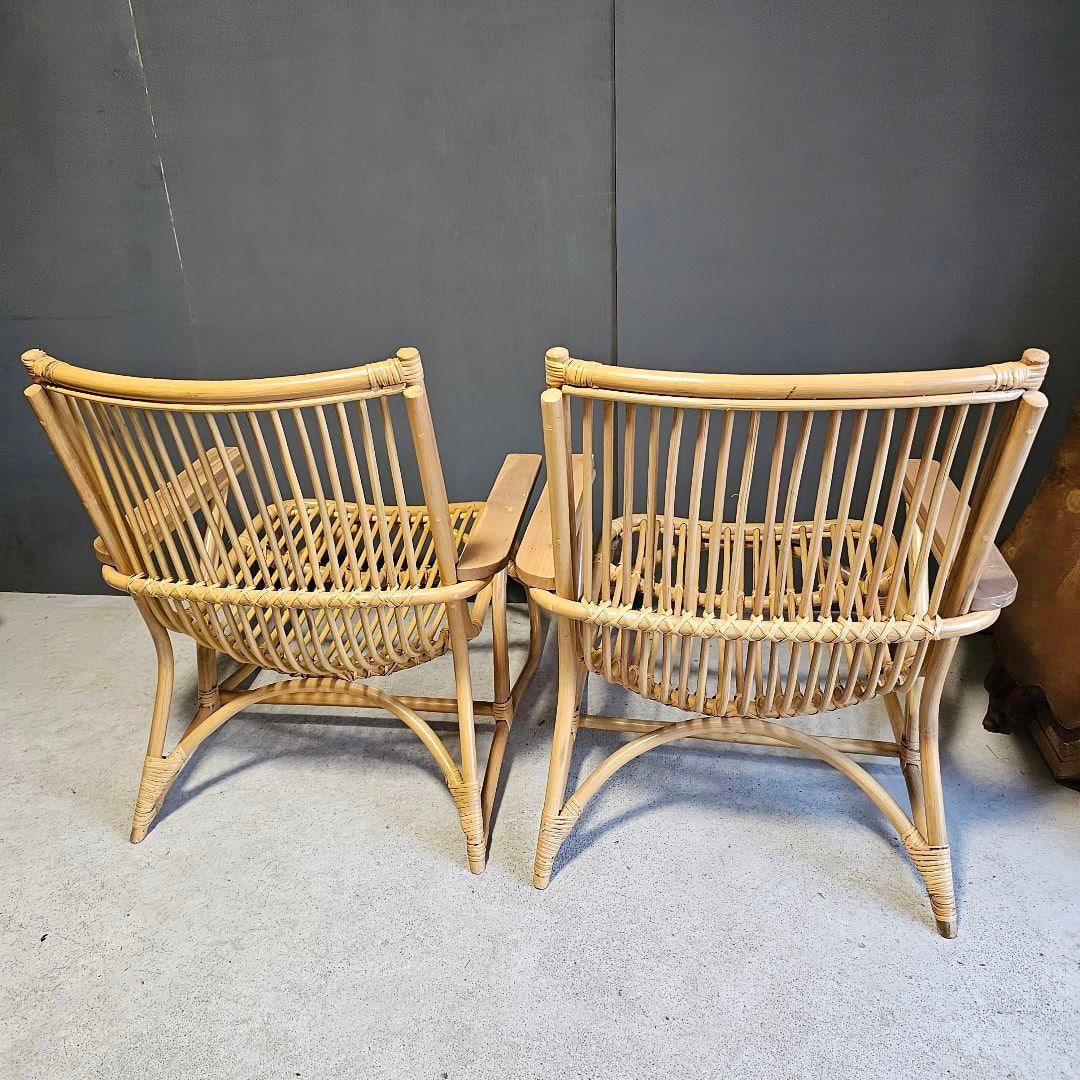台湾製ラタンヴィンテージ籐アームチェア肘付き椅子2脚セット SZ