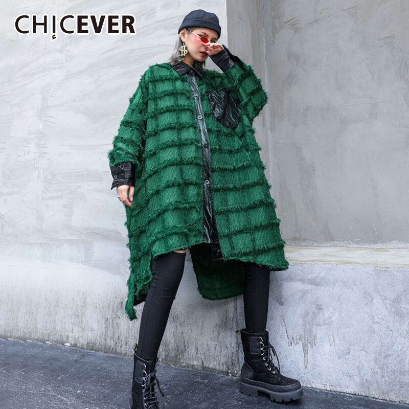 CHICEVERヴィンテージシャツレディースラペルカラー長袖パッチワークポケットルーズオーバーサイズグリーンブラウス2020服 ロング ビンテージ 6base540934125504