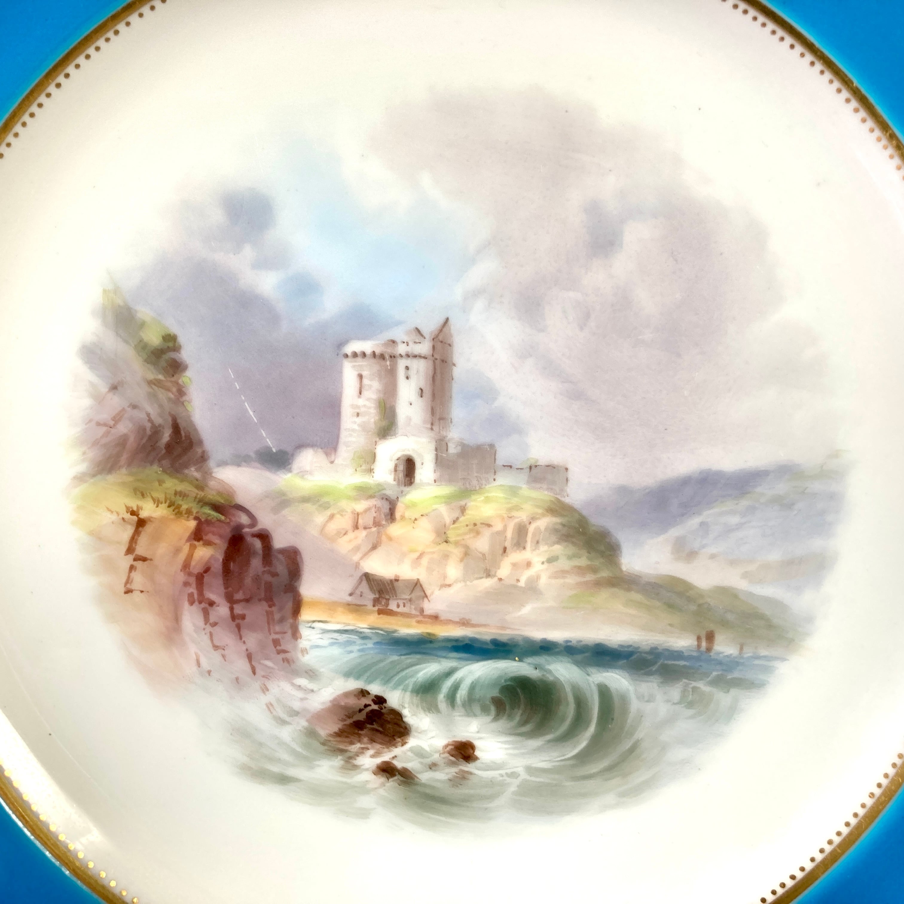 ミントン ターコイズブルー 風景絵図飾皿 エナメル七宝金彩 金盛