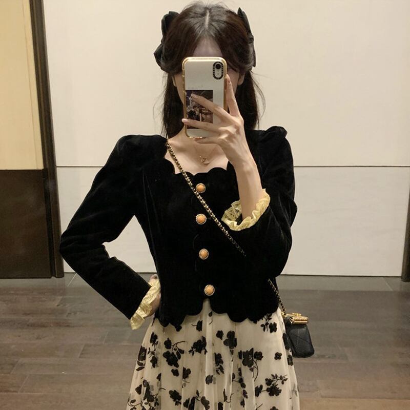 スタンダードカラーショートトップス スプリングオータムブラックシャツ ロング レトロ 春物 秋物 スクウェア 試着室30570592463