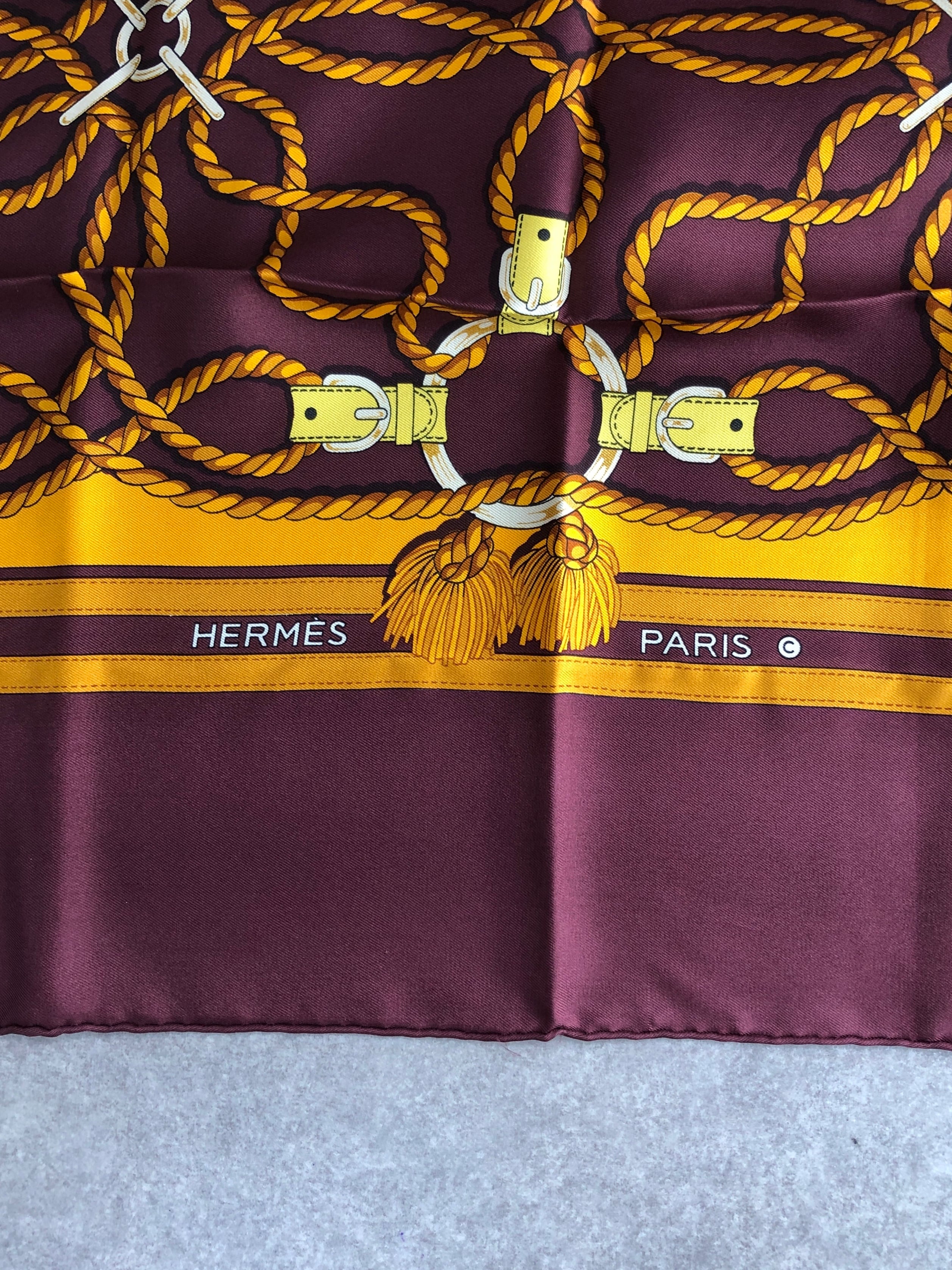 HERMES エルメス カレ90 スカーフ ボルドー ロープ タッセル シルク