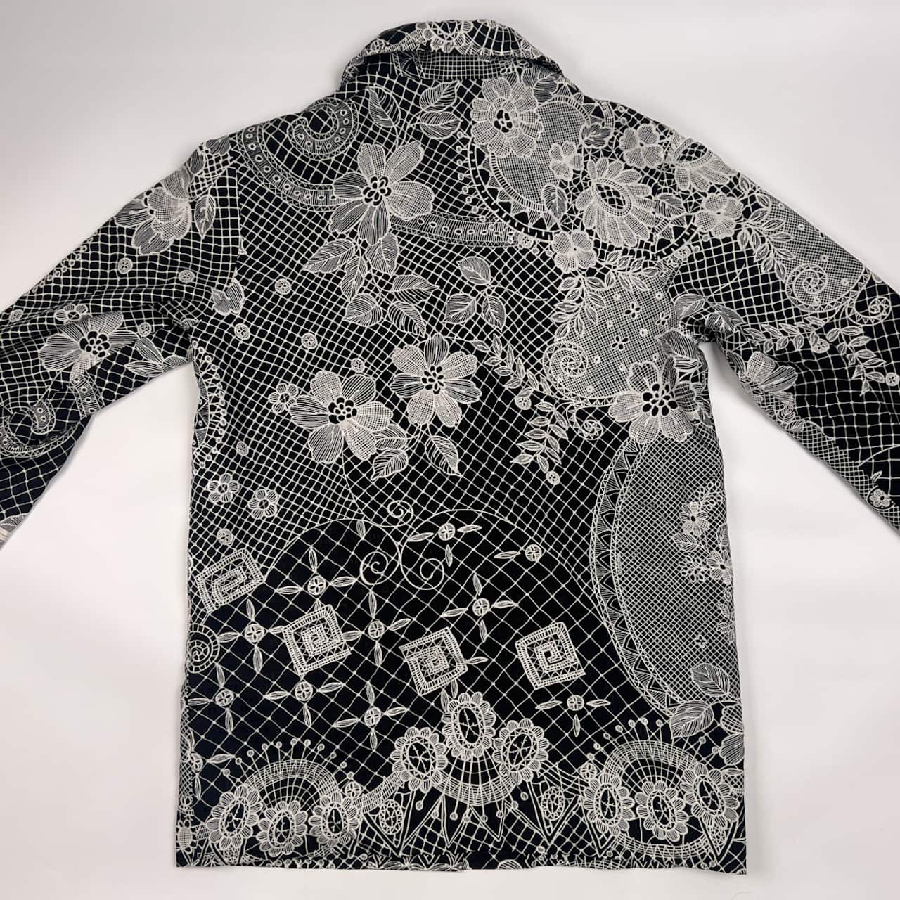 シルク100% LEONARD FASHION レオナール  花柄 総柄 中綿 ショールカラー ジャケット /11R ブラック×ホワイト レディース
