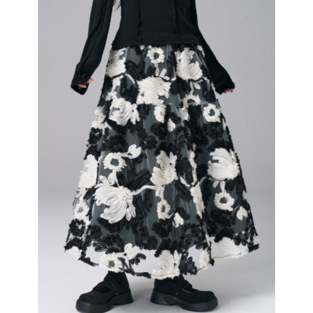 花柄刺繍チュールロングスカート a0629