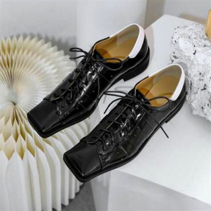 【新作】【送料無料】 INSスクエアトゥオックスブロックヒールレースアップパンクスタイルブラックシューズレディース 靴 スクウェア 10b393595476241