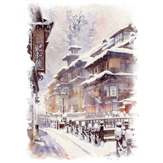 絵画 日本 山形県 銀山温泉 風景画 インテリアアート額付き 水彩画・油絵風 WAT0175
