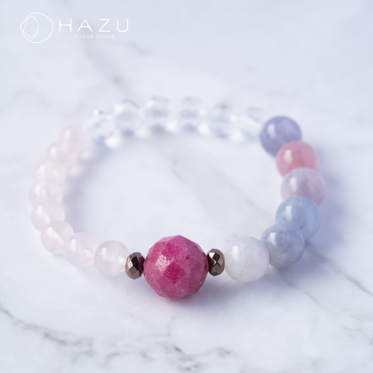 癒しと情熱の良縁ブレス［ブルーローズクォーツ／ローズクォーツ／ルビー／水晶／ヘマタイト］