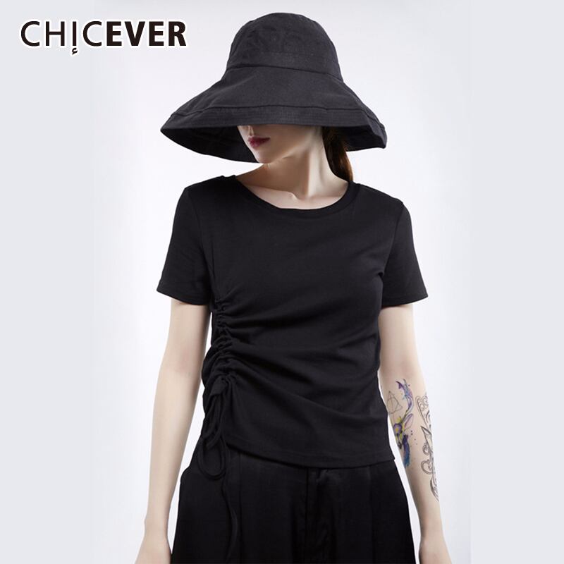 CHICEVER巾着包帯シャーリングレディースTシャツOネック半袖オーバーサイズサマーシャツ2020服 ショート ハーフスリーブ 夏物 6base523701741739