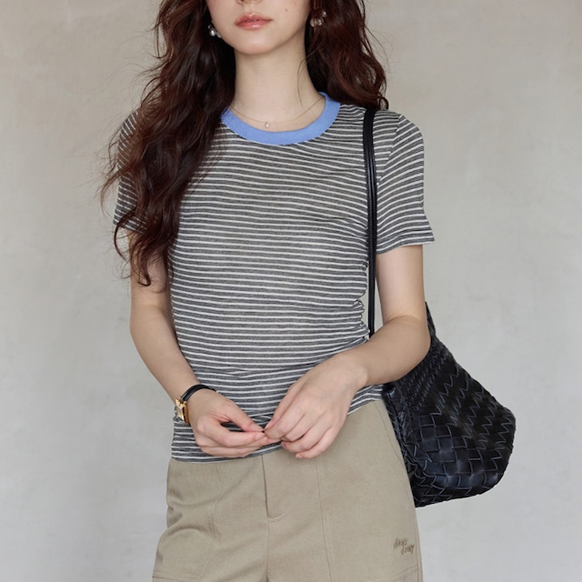 contrast trim striped rib knit t-shirt