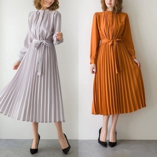 上品 フォーマル プリーツ ワンピース 共ベルト 細見え 4色(M9282)ζ