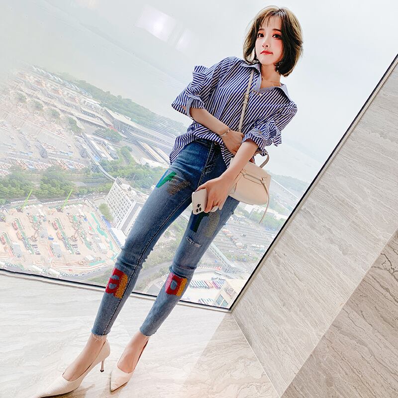 ストライプシャツ ラインストーンスリムジーンズ スプリング 春物 ステッチ MIUCO16860846957