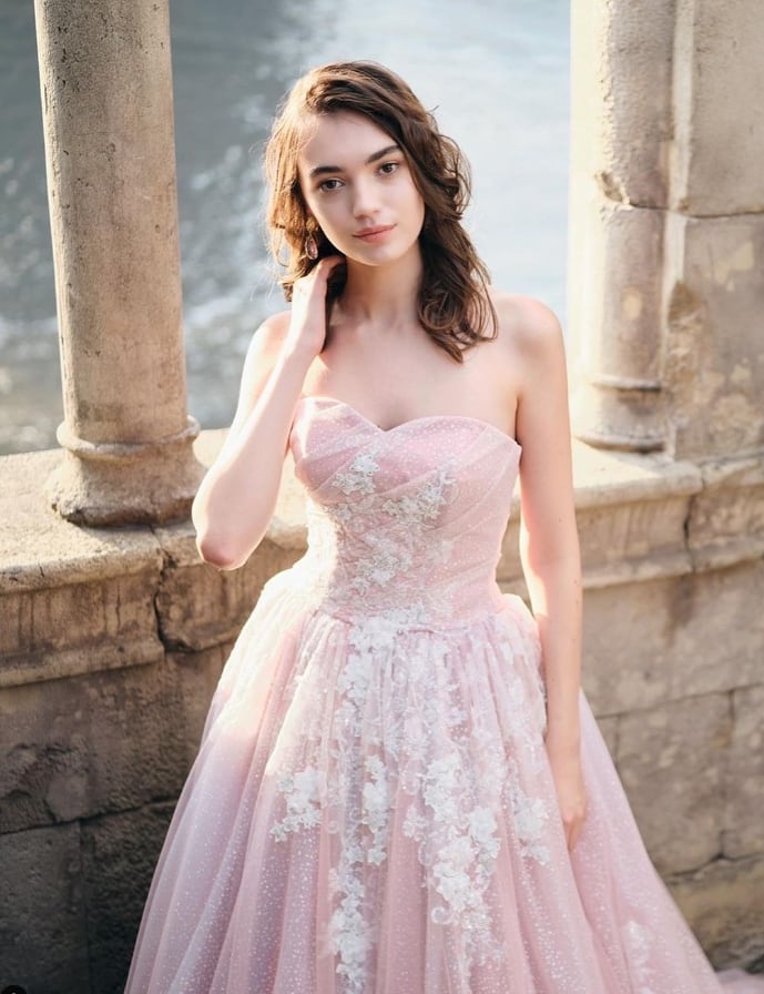 カラードレス パープル ベアトップ 繊細レース もがい ハンドビー  