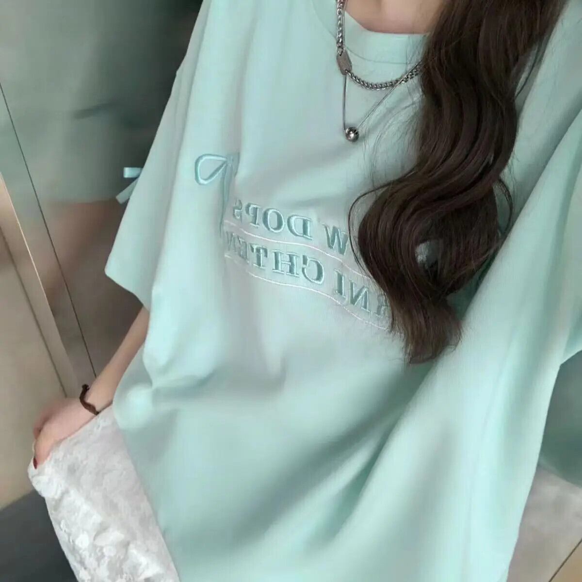 レターボウ刺繍 Tシャツ女性の夏ルース怠惰なミントグリーン Tシャツ