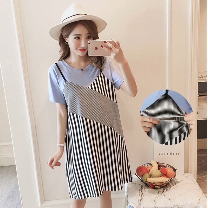 【新作】【送料無料】 2019夏のマタニティ授乳ドレスブロックカラーストライプパッチワーク産後の女性母乳育児ドレス看護服 サマー 夏物 AL expec349922800779