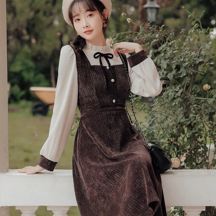 【新作】【送料無料】 【高弾性コーデュロイ】フレンチレトロキノコフェイクツーピースボトム、コートとドレスの新しいスタイルのハイエンド 0288501250844