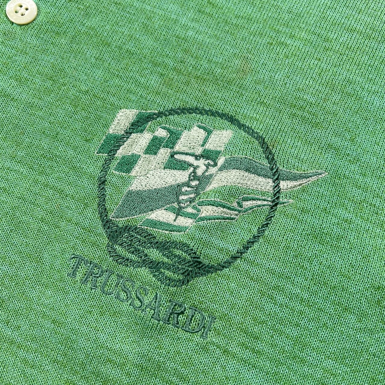 TRUSSARDI トラサルディ 刺繍入り 半袖 コットン ニット ポロシャツ サイズ L /メンズ/グリーン系/C-OS-441