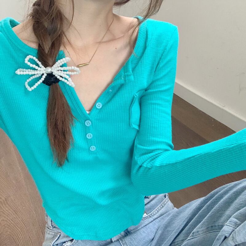 ボタンカラースリムTシャツ トップス スプリングレディース ロング 春物 ビッグFスモールZ韓国30579102707