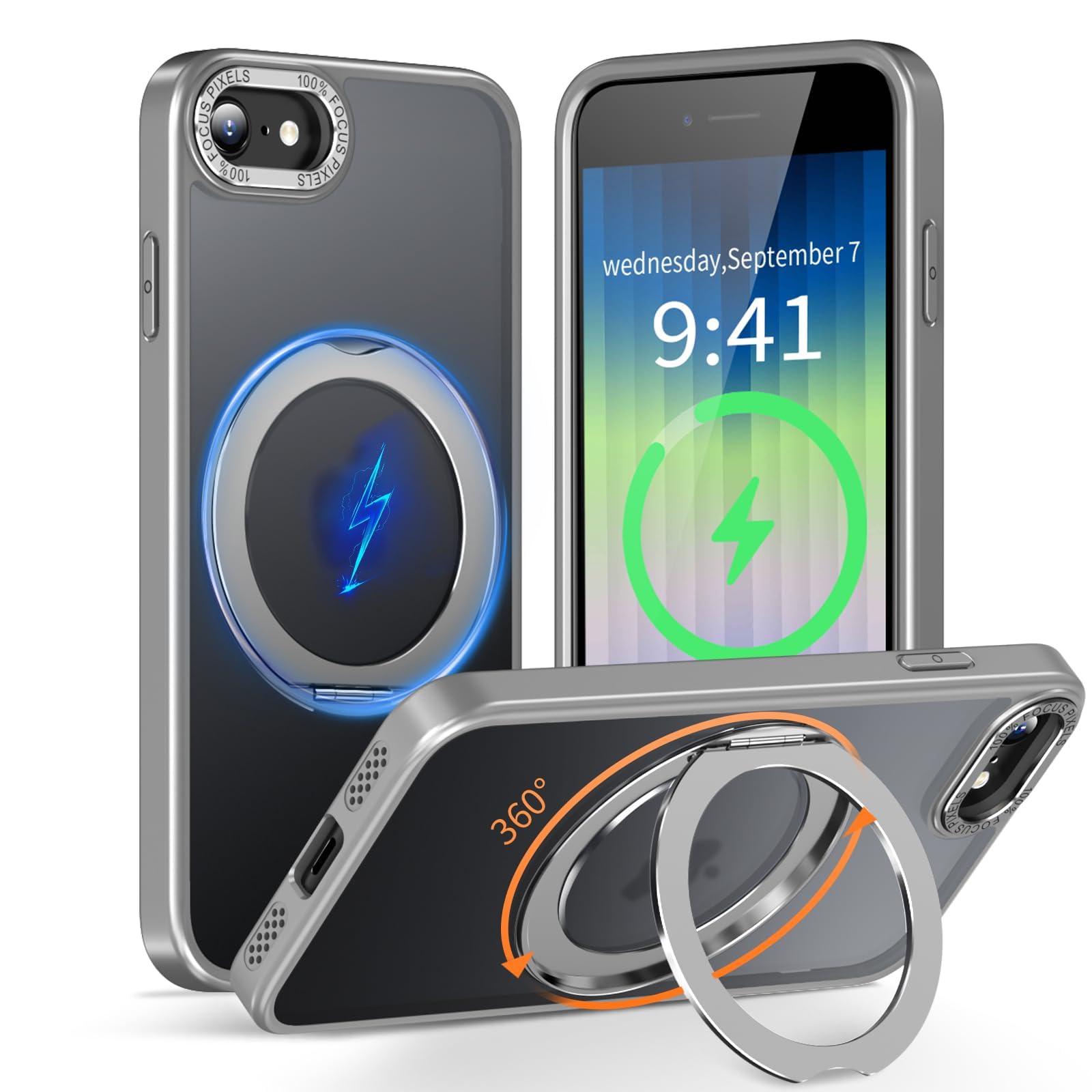 KWATUNG iphone se3 用ケース iphone se2 用ケース magsafe対応 360°回転スタンド マット感【チタングレー】