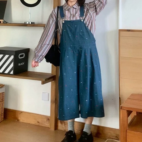 ハート刺繍デニムサロペットパンツ ・12547
