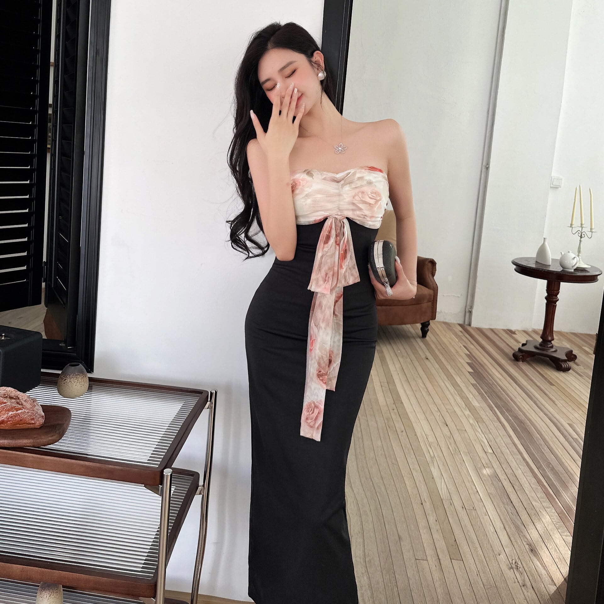 【新作】【送料無料】 2024 新しい夏スタイル東南アジアセクシーなメッシュプリントロングチューブトップホルターネックボトミングヒップドレス 7936 0131390968310