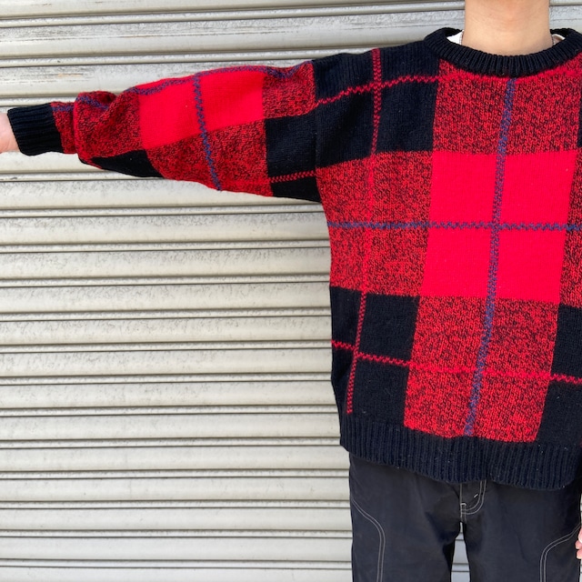 80s Woolrich チェック柄セーター ウールニット ブラック レッド L