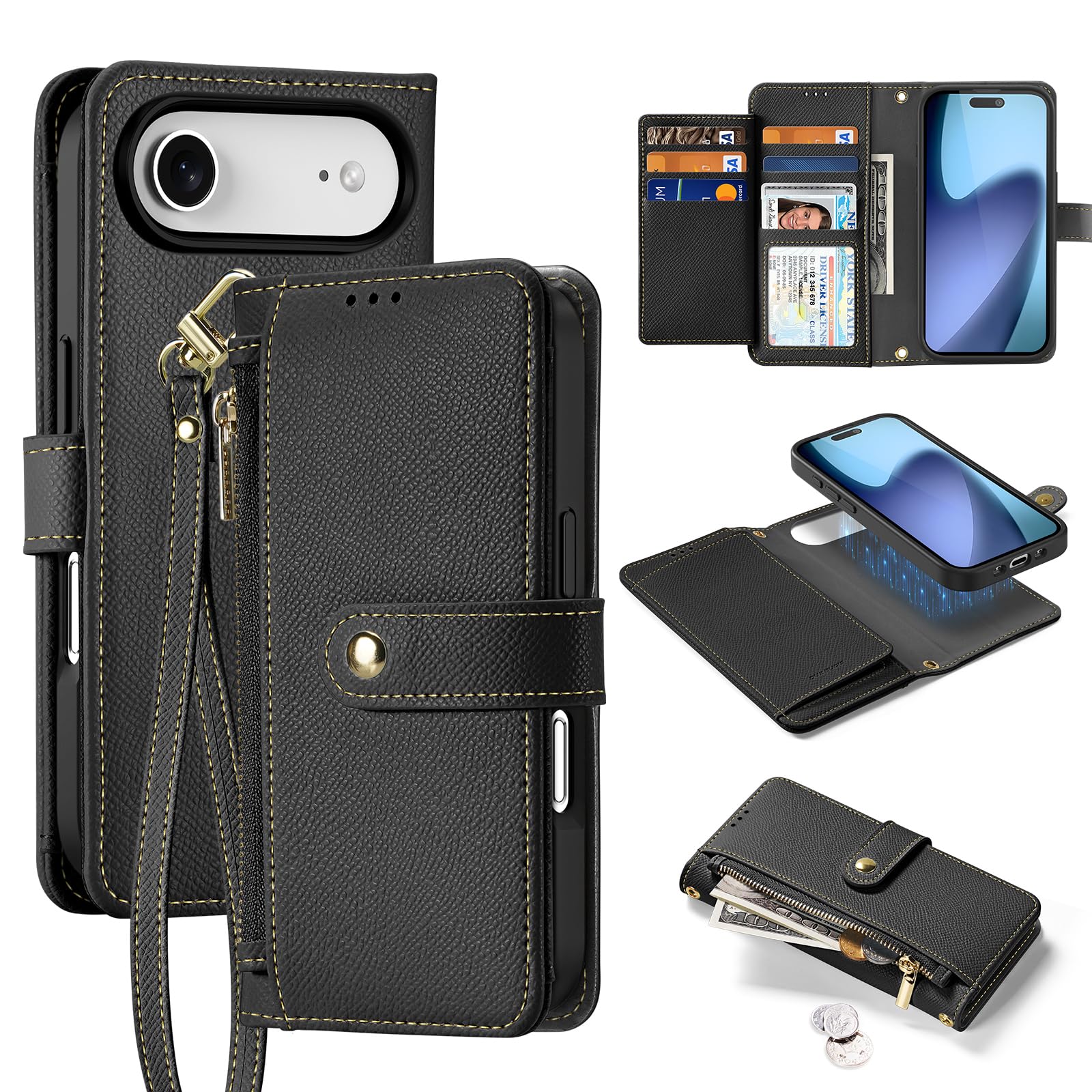 SUGOIDAN ケース 用の iPhone Air 手帳型 分離式 本革 レザー カード収納 マグネット内蔵 Magsafe対応 全面保護 アイフォンエア 財布型 アイホンエア 腕用ストラップ付き(ブラック)