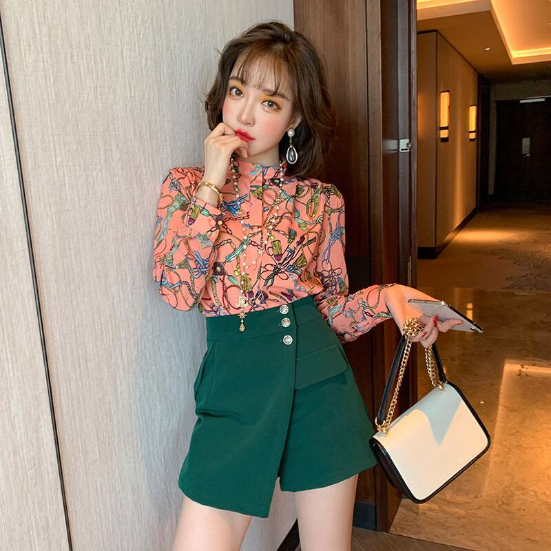 カラープリントシャツ ハイウェストウェストAラインショーツ スプリング 春物 ブルマー MIUCO82802789814