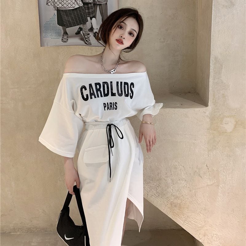 セットアップ スウェット オフショル スリット スカート 韓国 セットアップ 2点セット Tシャツ + スカート オフショル