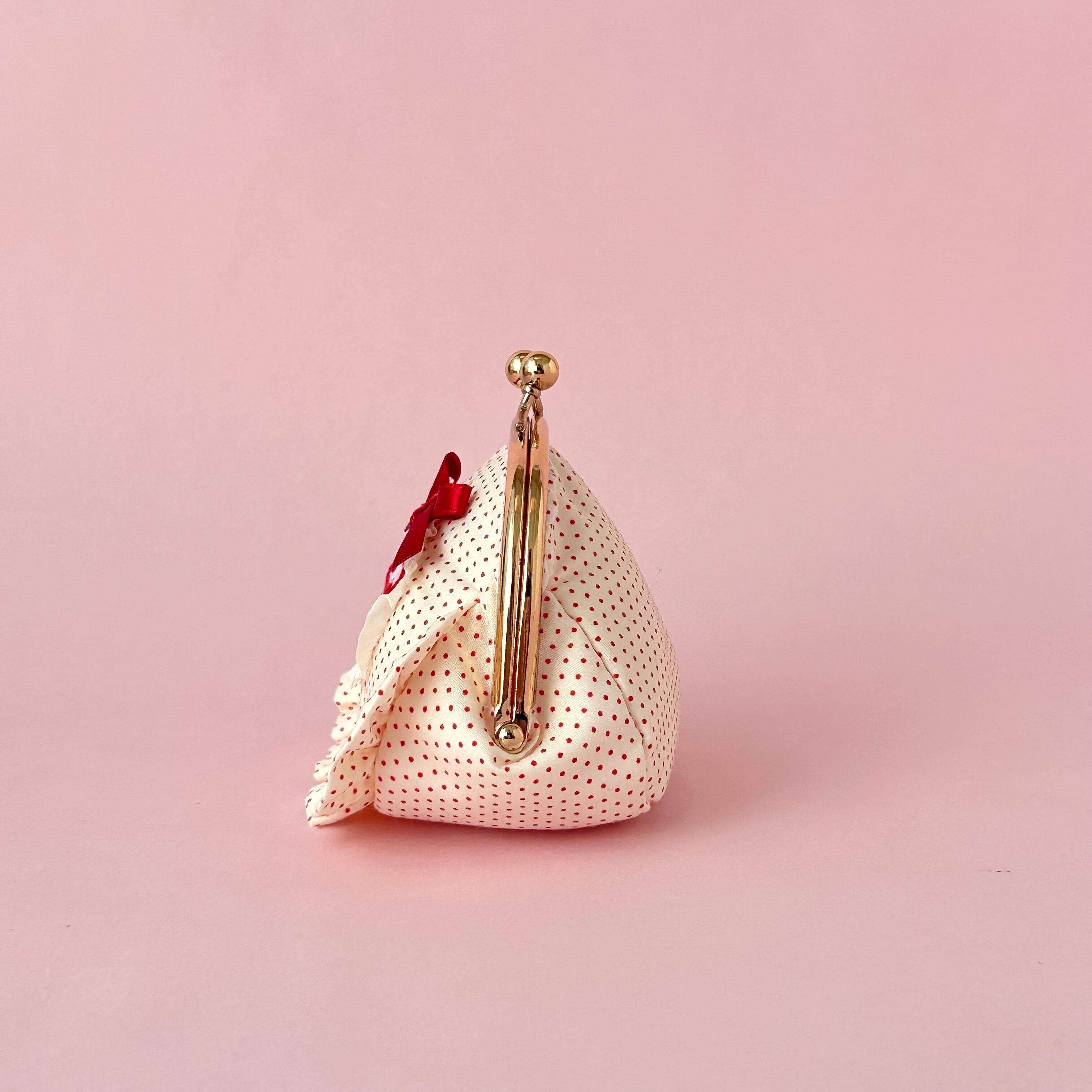 がま口ポーチ（赤ドット/minetteロゴ刺繍） | minette“ミネット”手刺繍