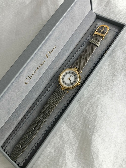 Christian Dior クリスチャン ディオール 腕時計 ゴールド×グレー ローマ文字 リザード型押し クウォーツ vintage ヴィンテージ オールド 3006 vwkm72
