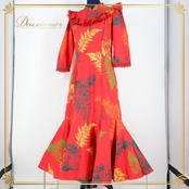 【美品 ハワイ製 フラダンス衣装】レッド T&L MUUMUU FACTORY ワンピース ドレス 赤 緑 黄 オレンジ フリル 七分袖 葉っぱ柄