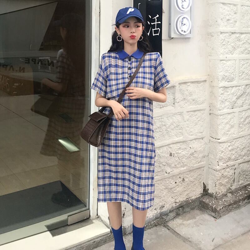 2020年夏の香港スタイルのポロカラーチェック柄半袖ドレス学生カジュアルTシャツロングスカートの新しい女性バージョン 1号婦人26414813566