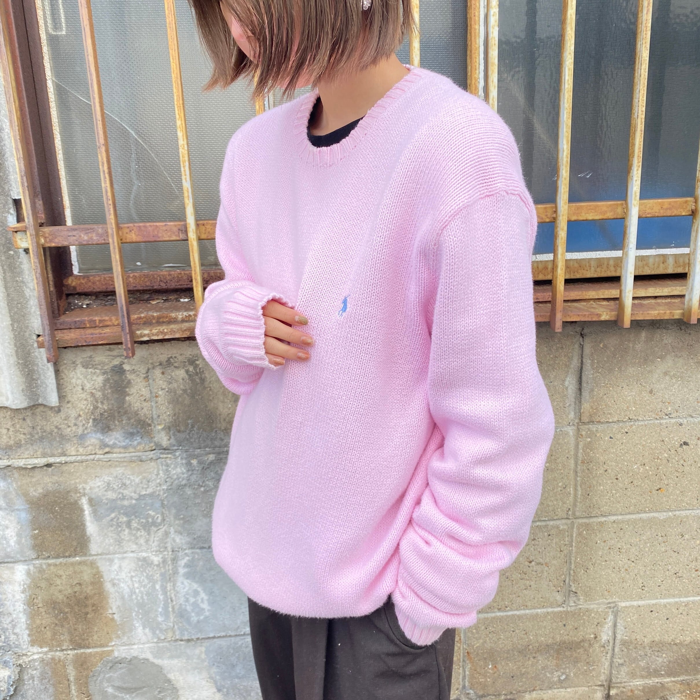 Polo By Ralph Lauren ポロバイラルフローレン コットンニットセーター メンズl 古着 ワンポイント刺繍 クルーネック ピンク ニットセーター Cave 古着屋 公式 古着通販サイト