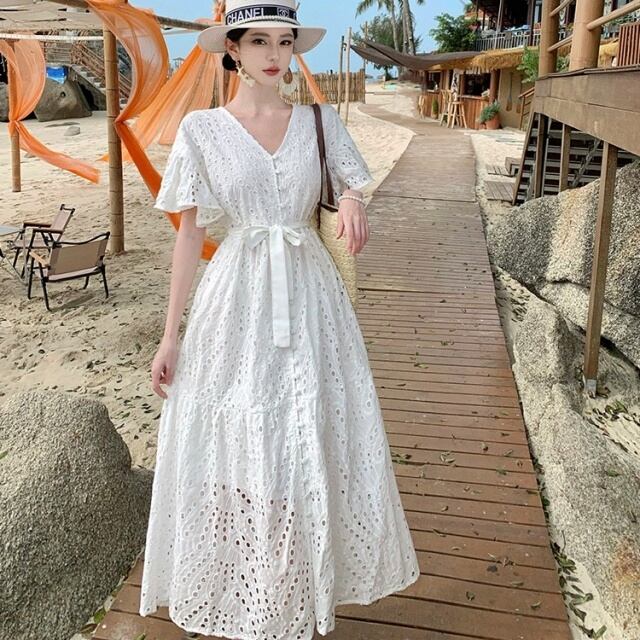 【予約販売】ワンピース ロング丈 レディース レース ホワイト 白 半袖 Vネック ウエストマーク マキシ丈 フレア ボリューム こなれ感 ワンピ 大人可愛い エレガント 韓国 旅行 春 夏 トレンド S/M/L/XL