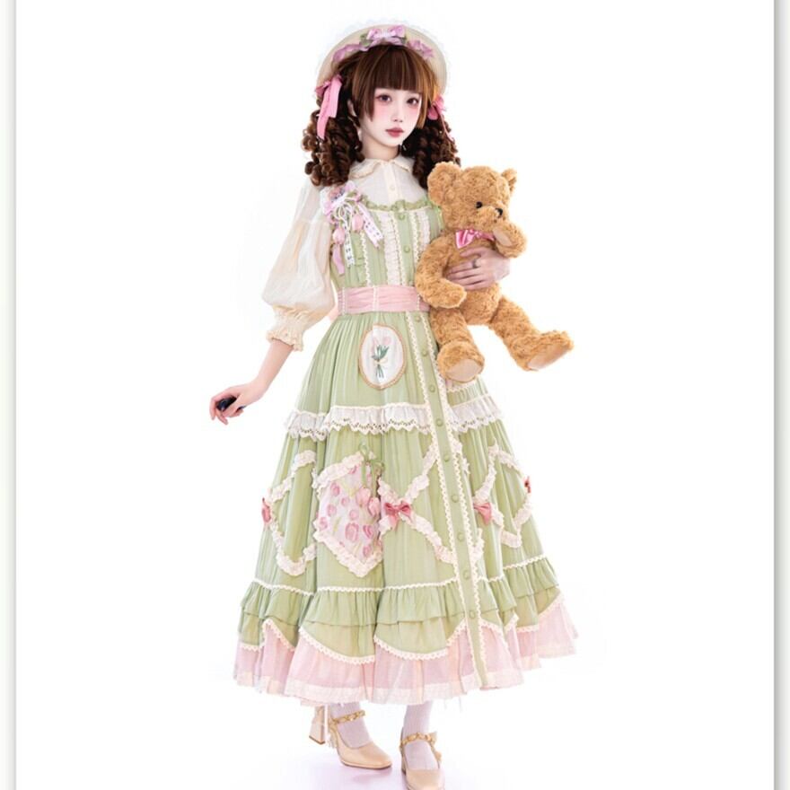 ロリータファッション 甘ロリ グリーンフリルジャンパースカート