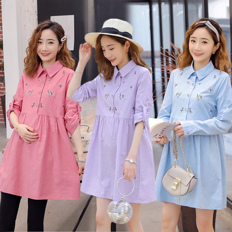 【新作】【送料無料】 マタニティドレス2019春バージョン新しいファッションラペル刺繡ルーズミドル丈プラスサイズのマタニティドレス-アリババ 刺繍 大きめサイズ スプリング 春物 expec264014625391