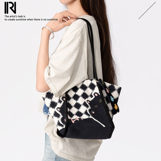 【NEARAYシリーズ】★バッグ★ 肩掛けバッグ レディース 黒猫 チェック柄 可愛い ファション