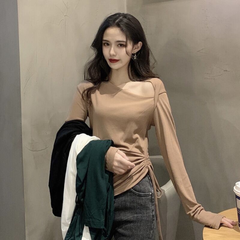 スプリングオータム薄手カラーギャザーTシャツ ロング 春物 秋物 YY-ファッション80048575893