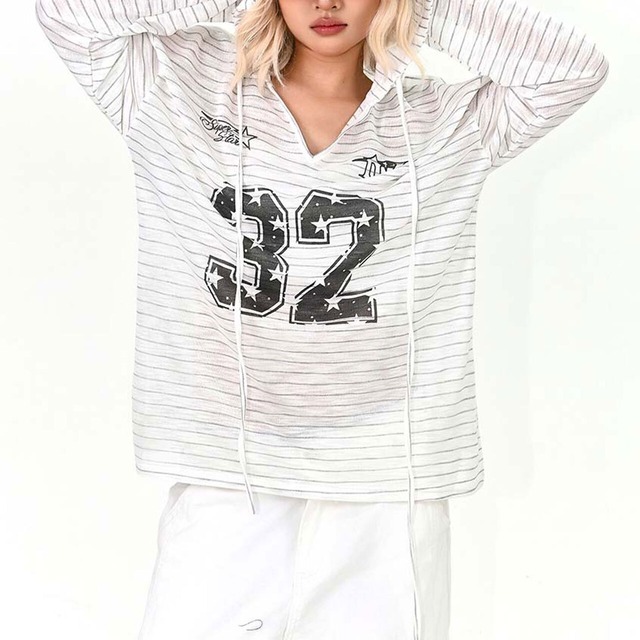 ナンバープリントVネックフーディトップス 2col   R01645