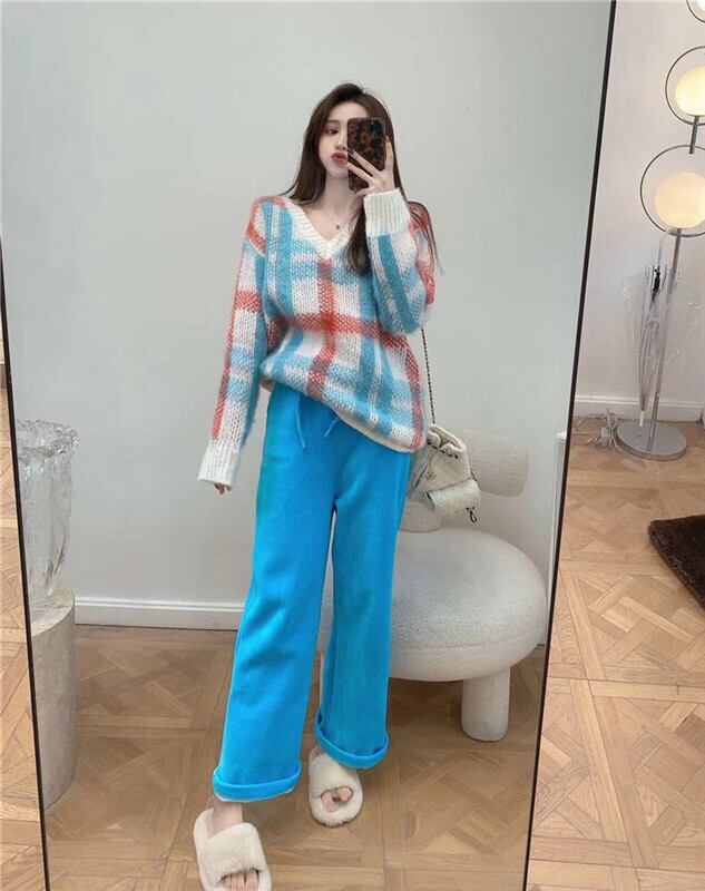 セーター レディースルーズ格子柄ニットオータムウィンターVネックトップス 秋物 冬物 ブラックストロベリース16197547297