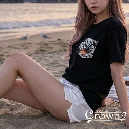 ボタニカル柄 ポケット付き 半袖 Tシャツ BIGシルエット カットソー ブラック メンズ レディース ユニセックス